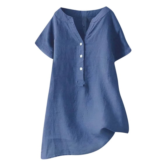 Luvrsol Short Sleeve Tops for Women Plus Size V-Neck Loose Button Cotton and Linen Oversized Tunic Tops, S-5XL
