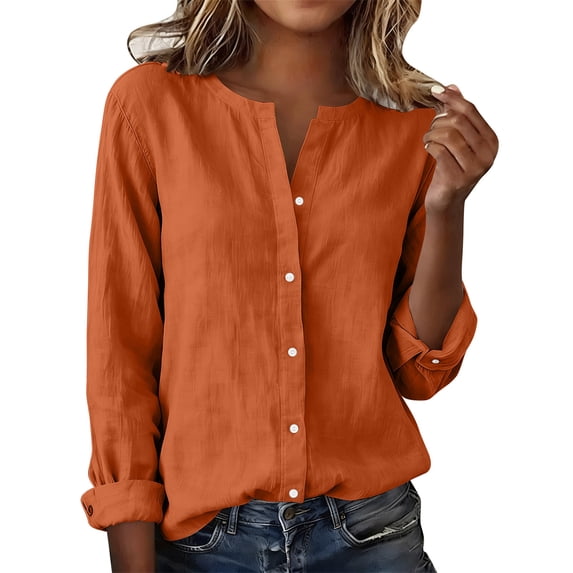 Luvrsol Summer Tops for Women Cotton-Linen V-Neck Button-Down Long-Sleeve Sun-Protective Shirt, Size S-2XL