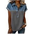thumbnail image 1 of Luvrsol Summer Tops for Women Plus Size Patchwork Faux Denim Print Collared Button-Down Short-Sleeve Shirt, Size S-5XL, 1 of 4