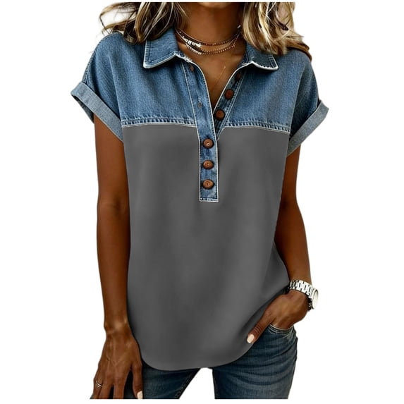 Luvrsol Summer Tops for Women Plus Size Patchwork Faux Denim Print Collared Button-Down Short-Sleeve Shirt, Size S-5XL