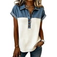 thumbnail image 1 of Luvrsol Summer Tops for Women Plus Size Patchwork Faux Denim Print Collared Button-Down Short-Sleeve Shirt, Size S-5XL, 1 of 4