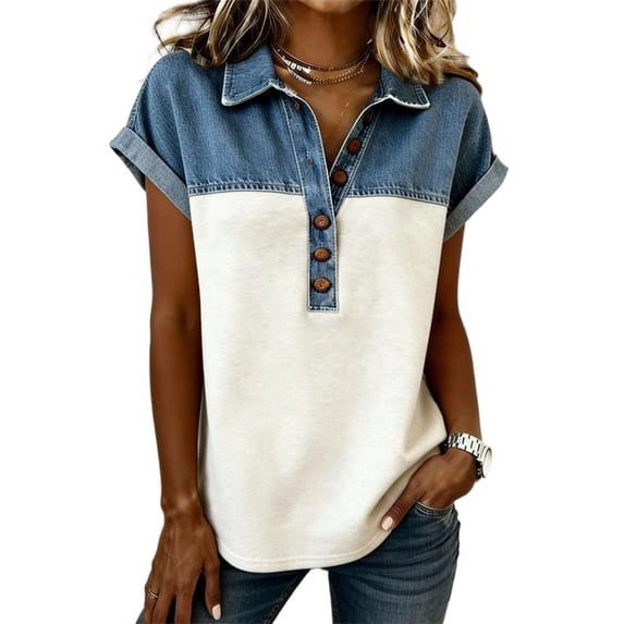 Luvrsol Summer Tops for Women Plus Size Patchwork Faux Denim Print Collared Button-Down Short-Sleeve Shirt, Size S-5XL