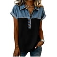 thumbnail image 1 of Luvrsol Summer Tops for Women Plus Size Patchwork Faux Denim Print Collared Button-Down Short-Sleeve Shirt, Size S-5XL, 1 of 4
