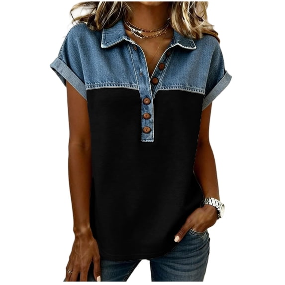 Luvrsol Summer Tops for Women Plus Size Patchwork Faux Denim Print Collared Button-Down Short-Sleeve Shirt, Size S-5XL
