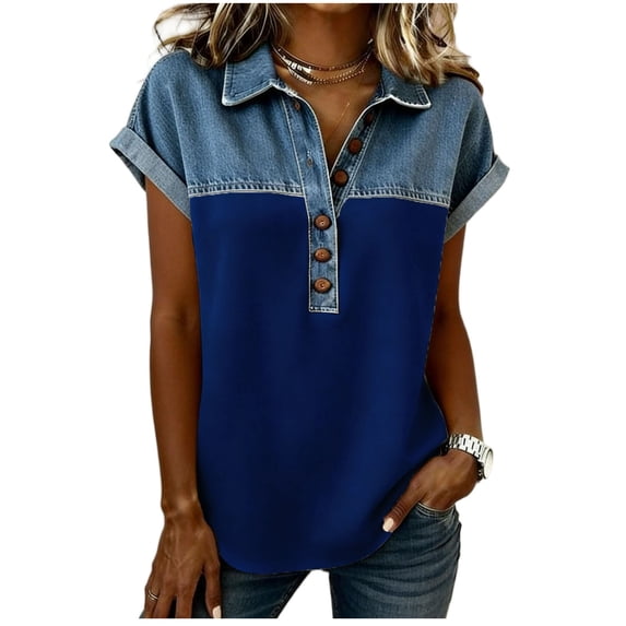 Luvrsol Summer Tops for Women Plus Size Patchwork Faux Denim Print Collared Button-Down Short-Sleeve Shirt, Size S-5XL