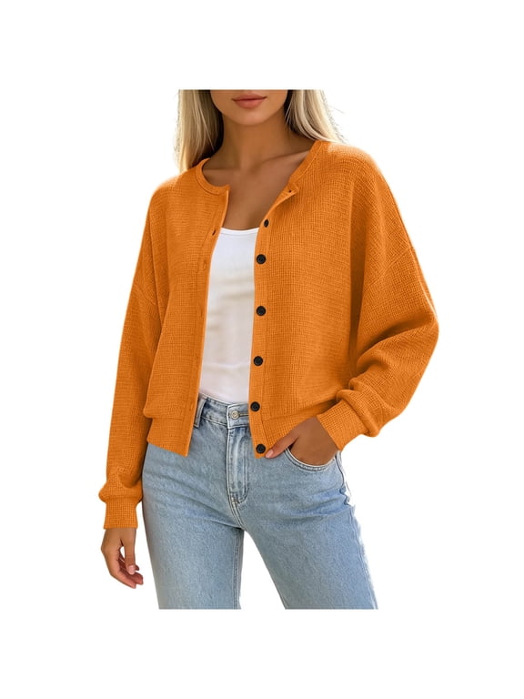 Sweaters for Women V Neck Button Down Knit Cardigan Long Sleeve Short Sweater Jacket S-2XL