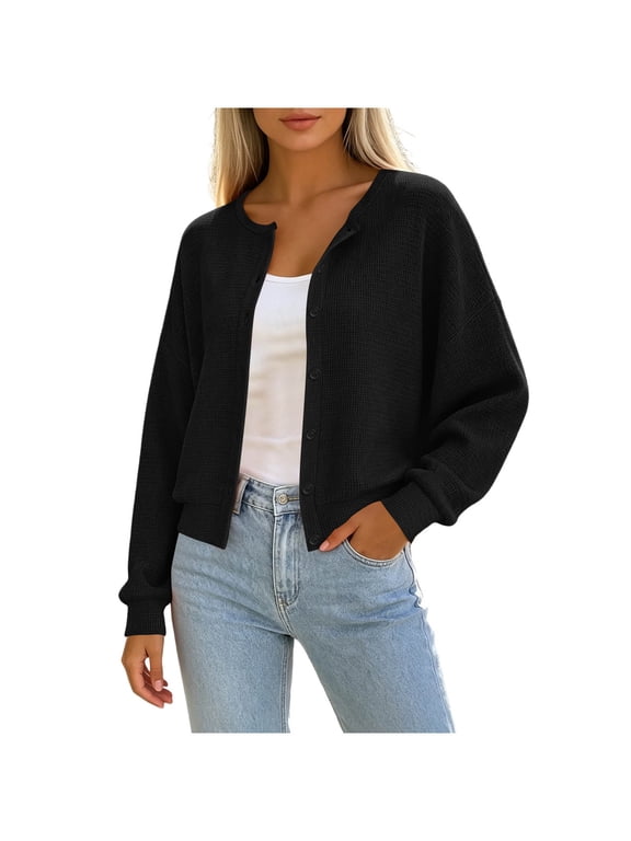 Sweaters for Women V Neck Button Down Knit Cardigan Long Sleeve Short Sweater Jacket S-2XL