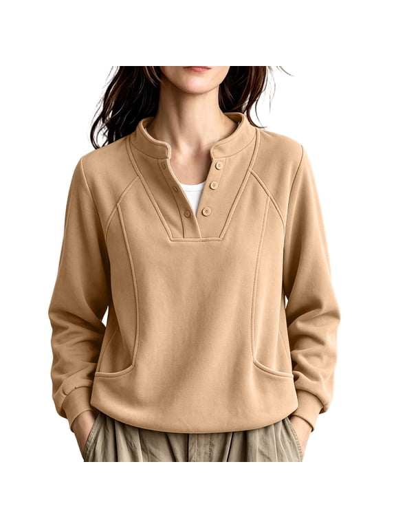 Sweatshirts for Women Plus Size Loose-fitting High-neck Button-down Wool Pullover Top with Pockets M-4XL