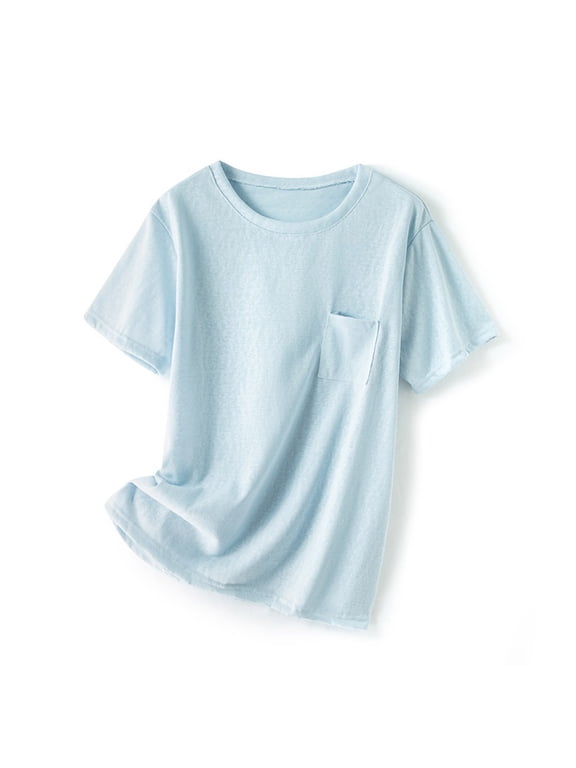 T Shirts for Women Casual Solid Round Neck Short Sleeved Pocket Base Blouse T-shirt, Size L-2XL
