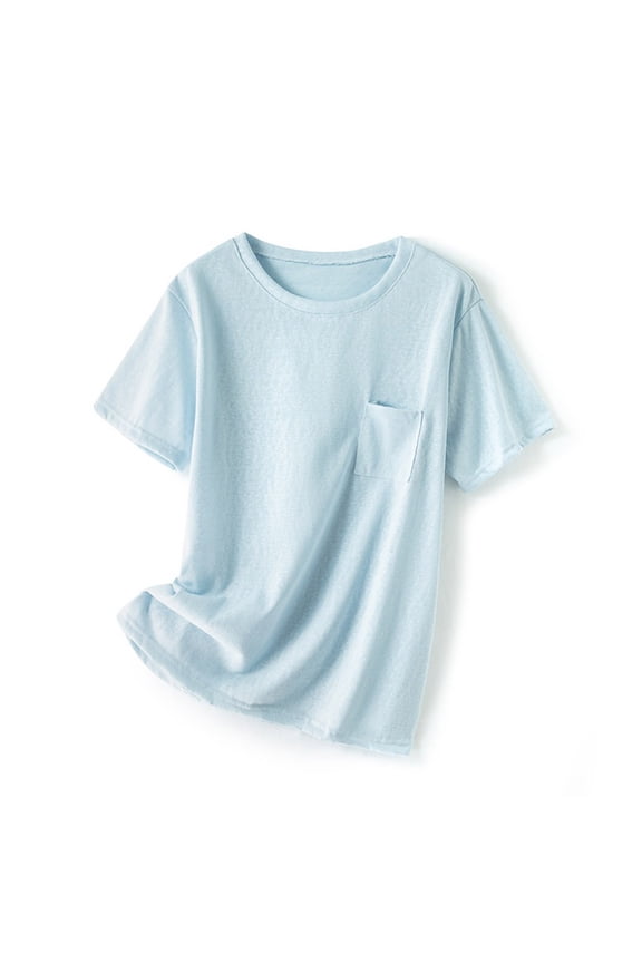 T Shirts for Women Casual Solid Round Neck Short Sleeved Pocket Base Blouse T-shirt, Size L-2XL