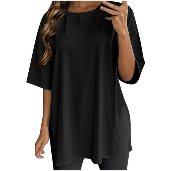 Luvrsol T Shirts for Women Solid Round-neck Short Sleeved Side-slit Blouse T-shirt Top, Size S-2XL