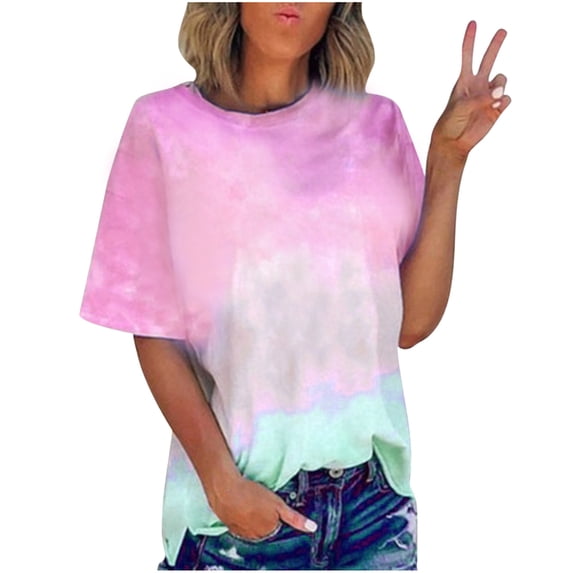 Luvrsol T Shirts for Women Summer Round-Neck Short Sleeve Tie-dyed Print Casual Blouses Tops, Size S-2XL