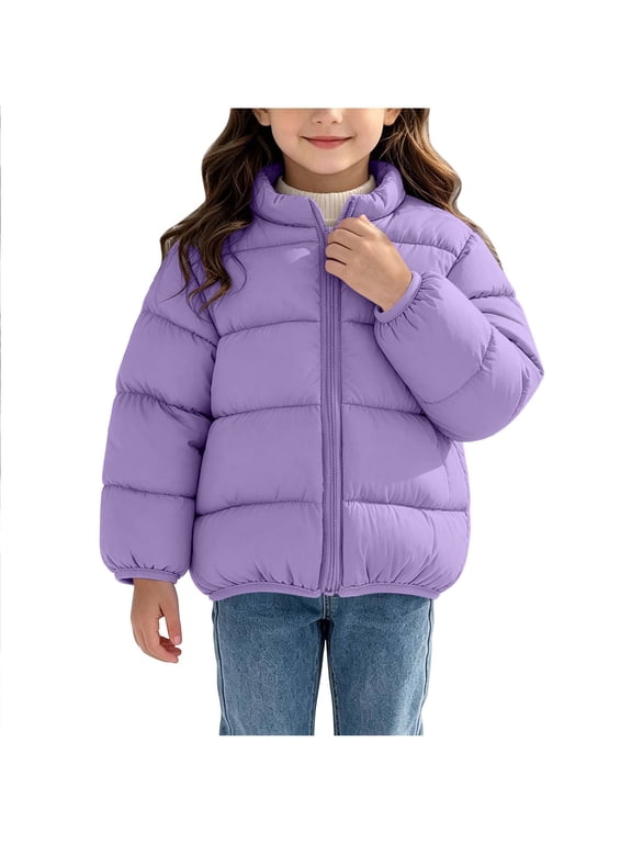 Toddler Girls Stand Collar Quilted Puffer Jacket Full Zip Lightweight Padded Kids Outer Coat, Purple 90