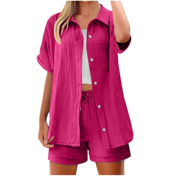 Luvrsol Two Piece Sets for Women Solid Short Sleeve Turndown Collar Pocket Shorts Casual Set, Size S-2XL
