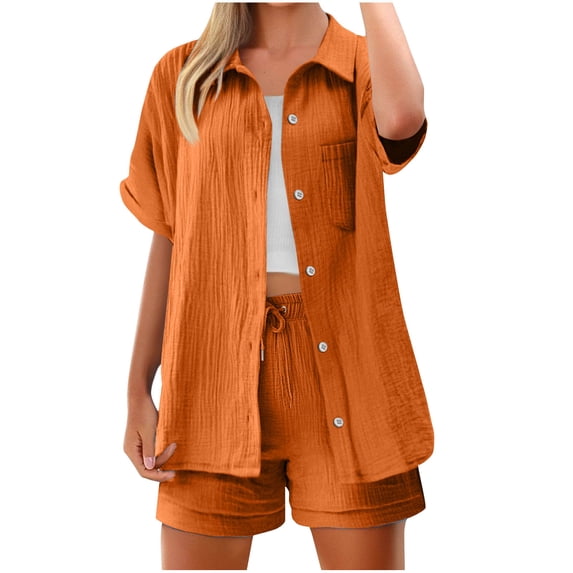 Luvrsol Two Piece Sets for Women Solid Short Sleeve Turndown Collar Pocket Shorts Casual Set, Size S-2XL