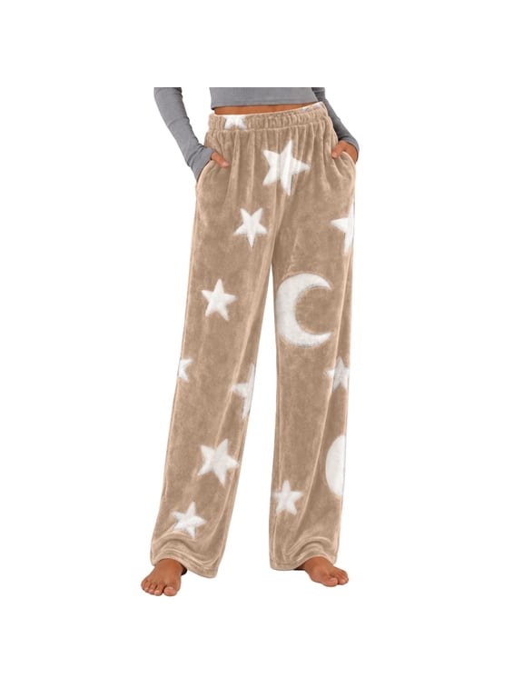 Wide Leg Pants for Women Flannel Star Moon Print Wide Leg Pajama Pants Elastic Waist Cozy Loungewear Trousers, Khaki M