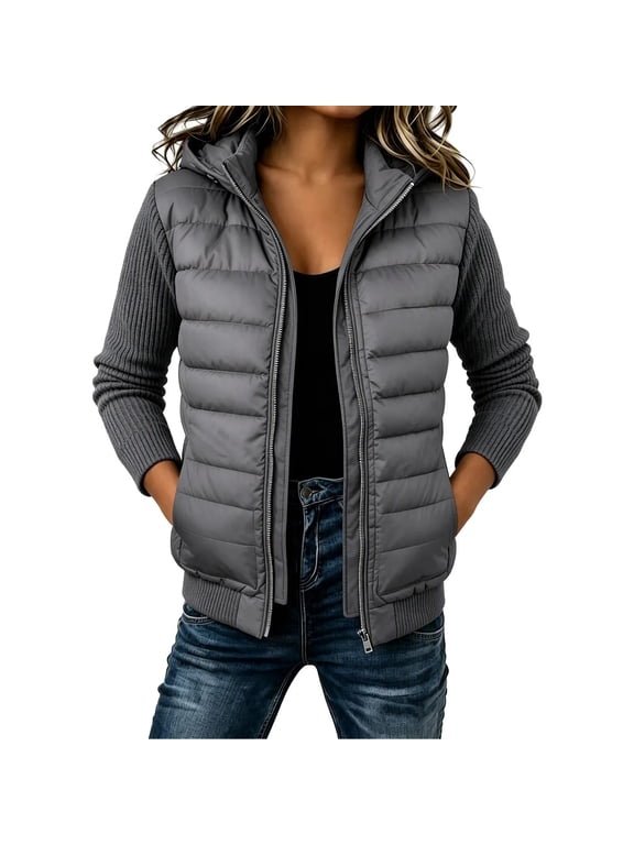Winter Coats for Women Hooded Quilted Puffer Jacket Full Zip Warm Coat Outerwear, Dark Gray S-2XL