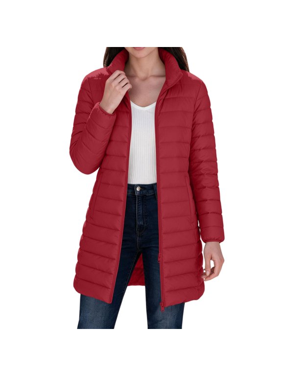 Winter Jackets for Women Stand Collar Mid Length Lightweight Quilted Puffer Coat Full Zip Jacket, Red S-2XL