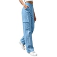 thumbnail image 1 of Luvrsol Women Cargo Wide Leg Pants Elastic Drawstring Waist Casual Straight Long Trousers with Multi Pockets S-2XL, 1 of 6