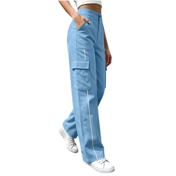 Luvrsol Women Cargo Wide Leg Pants Elastic Drawstring Waist Casual Straight Long Trousers with Multi Pockets S-2XL