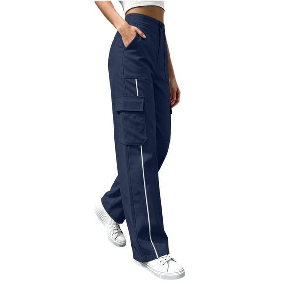 Luvrsol Women Cargo Wide Leg Pants Elastic Drawstring Waist Casual Straight Long Trousers with Multi Pockets S-2XL