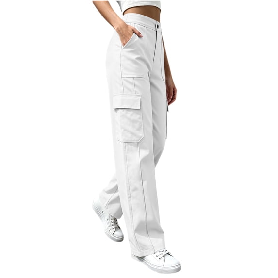 Luvrsol Women Cargo Wide Leg Pants Elastic Drawstring Waist Casual Straight Long Trousers with Multi Pockets S-2XL