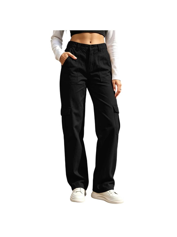 Women Cargo Wide Leg Pants Elastic Drawstring Waist Loose Straight Casual Long Trousers with Multi Pockets S-2XL