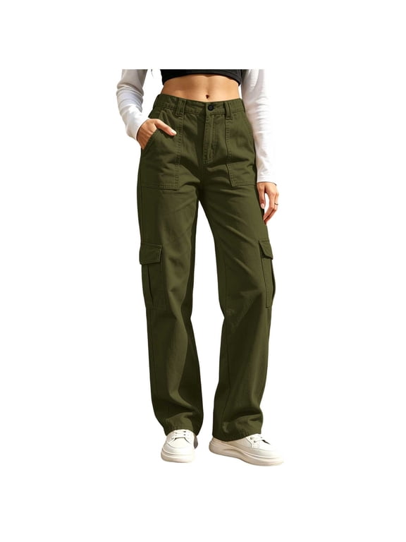 Women Cargo Wide Leg Pants Elastic Drawstring Waist Loose Straight Casual Long Trousers with Multi Pockets S-2XL