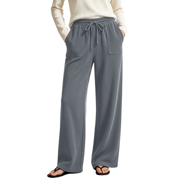 Luvrsol Women Corduroy Wide Leg Pants Elastic Drawstring Waist Loose Straight Casual Long Trousers with Side Pockets S-3XL
