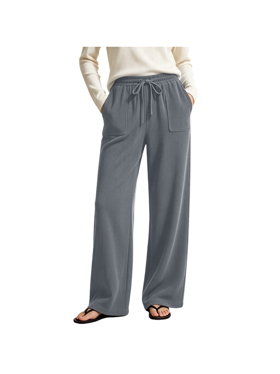 Women Corduroy Wide Leg Pants Elastic Drawstring Waist Loose Straight Casual Long Trousers with Side Pockets S-3XL
