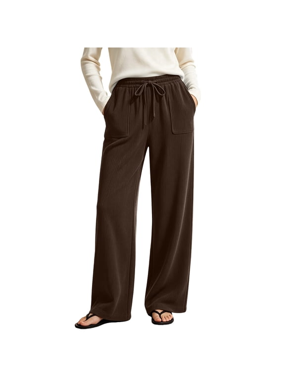 Women Corduroy Wide Leg Pants Elastic Drawstring Waist Loose Straight Casual Long Trousers with Side Pockets S-3XL
