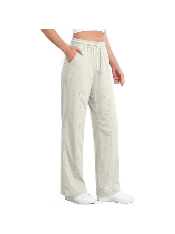 Women Drawstring Wide Leg Casual Pants Elastic Waist Loose Long Trousers with Side Pockets 2XS-L3
