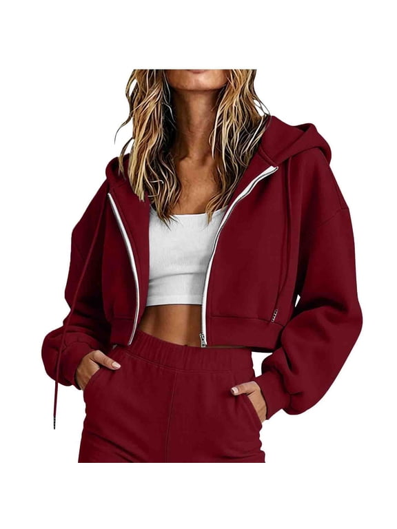 Women Hoodies Light Zip Up Hoodie Outer Layer Cropped Jacket Sweatshirt with Pockets S-2XL