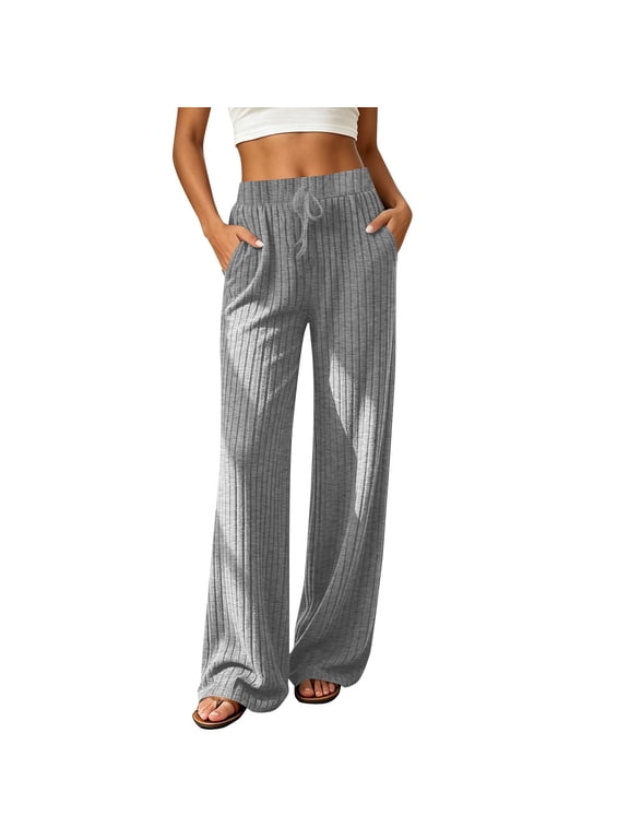 Women Ribbed Brushed Wide Leg Pants Elastic High Waist Loose Casual Long Trousers for Daily Wear S-2XL