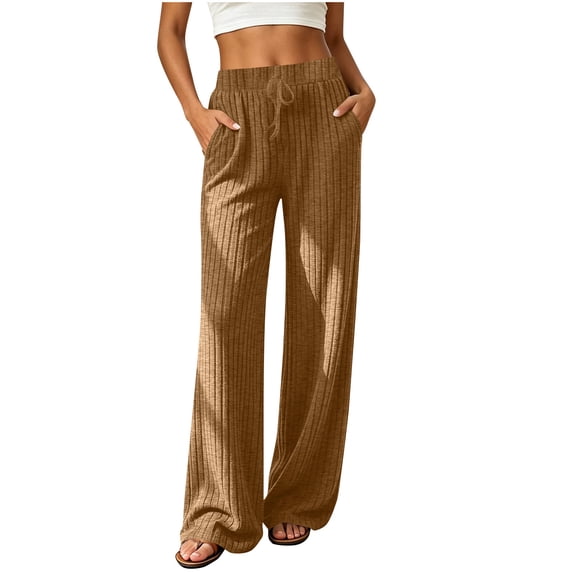 Luvrsol Women Ribbed Brushed Wide Leg Pants Elastic High Waist Loose Casual Long Trousers for Daily Wear S-2XL