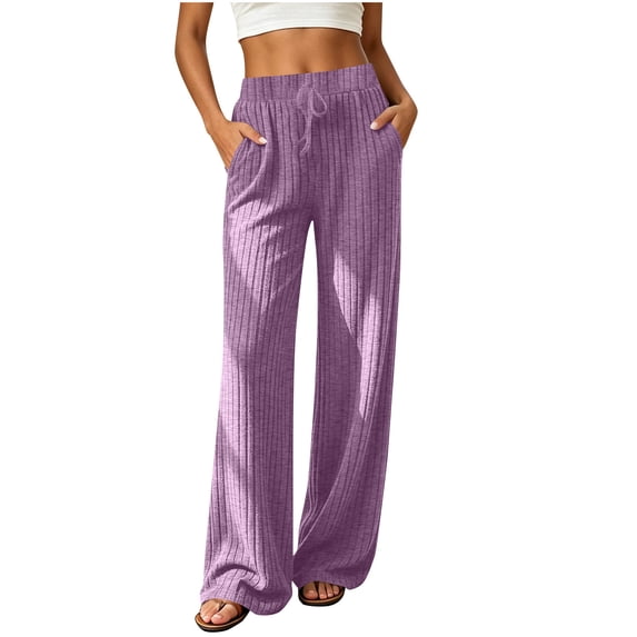 Luvrsol Women Ribbed Brushed Wide Leg Pants Elastic High Waist Loose Casual Long Trousers for Daily Wear S-2XL