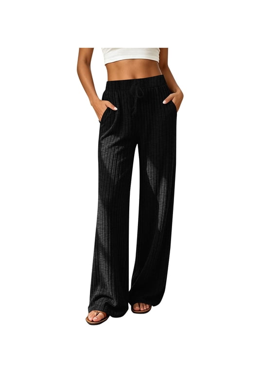 Women Ribbed Brushed Wide Leg Pants Elastic High Waist Loose Casual Long Trousers for Daily Wear S-2XL