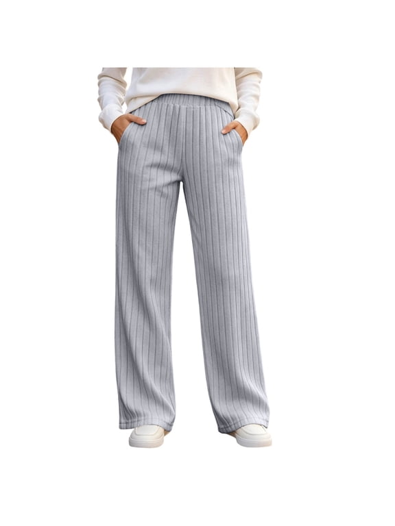 Women Ribbed Knit Wide Leg Pants Elastic Drawstring Waist Loose Straight Casual Trousers with Side Pockets S-2XL