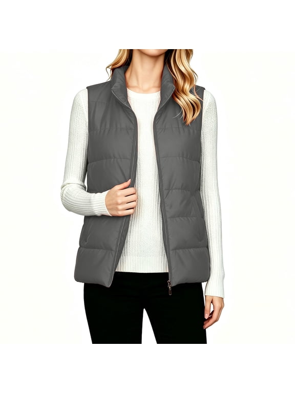 Women Round Neck Open Front Quilted Puffer Sleeveless Vest Lightweight Padded Casual Layering S-2XL