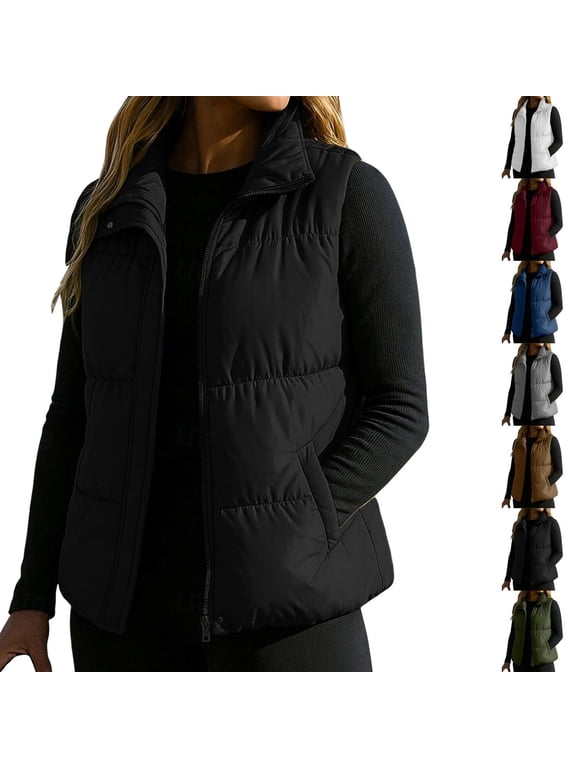 Women Round Neck Zip Up Quilted Puffer Sleeveless Vest Lightweight Padded Casual Layering S-2XL
