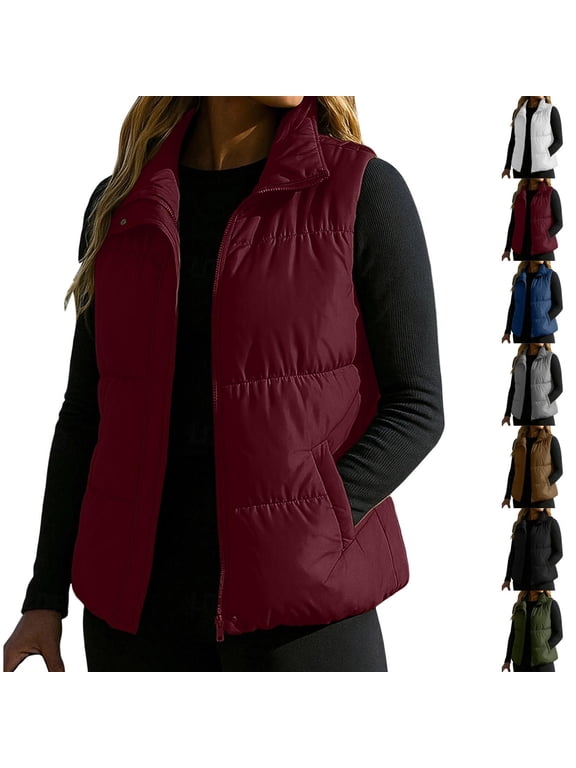Women Round Neck Zip Up Quilted Puffer Sleeveless Vest Lightweight Padded Casual Layering S-2XL