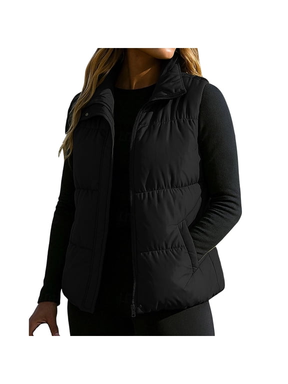 Women Round Neck Zip Up Quilted Puffer Sleeveless Vest Lightweight Padded Casual Layering S-2XL