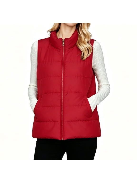 Women Stand Collar Quilted Puffer Sleeveless Vest Zip Up Lightweight Padded Casual Layering Waistcoat Gilet S-2XL