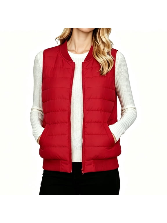 Women V-Neck Quilted Puffer Sleeveless Vest, Zip Up Lightweight Padded Casual Layering Waistcoat Gilet S-2XL