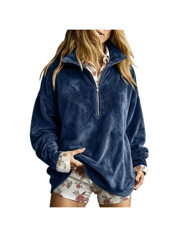 Women's 1/4 Zip Fleece Pullover Long Sleeve Stand Collar Loose Flannel Sweatshirt Tops Blue S-2XL