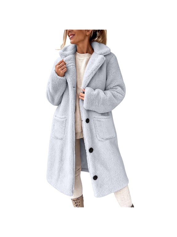 Women's Coats Lapel Collar Double Sided Fleece Long Teddy Coat Warm Winter Outerwear, Gray S-2XL
