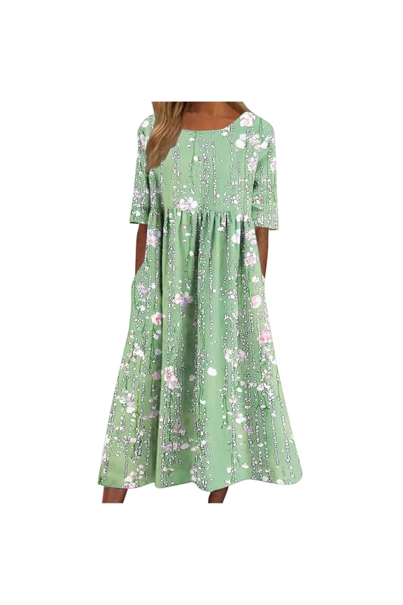 Women's Dresses Floral Maxi Dress Round Neck Short Sleeve Bohemian Below Knee Party S-3XL