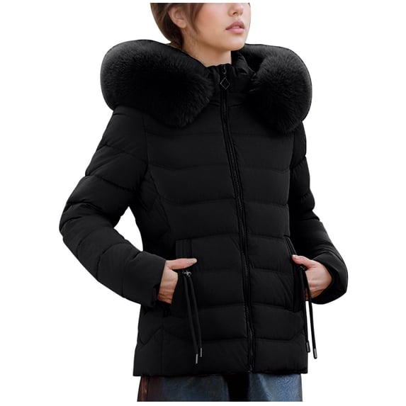 Luvrsol Women's Faux Fur Collar Short Puffer Jacket Full Zip Padded Coat Casual Warm Winter Outerwear, Black L-3XL