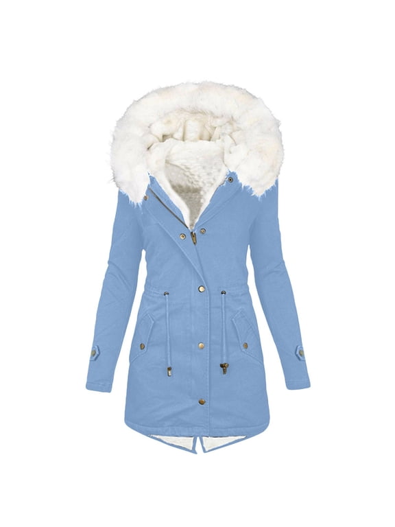 Women's Faux Fur Hood Mid‑Length Parka Coat Button Closure Puffer Jacket Warm Winter Outerwear, Light Blue S-5XL