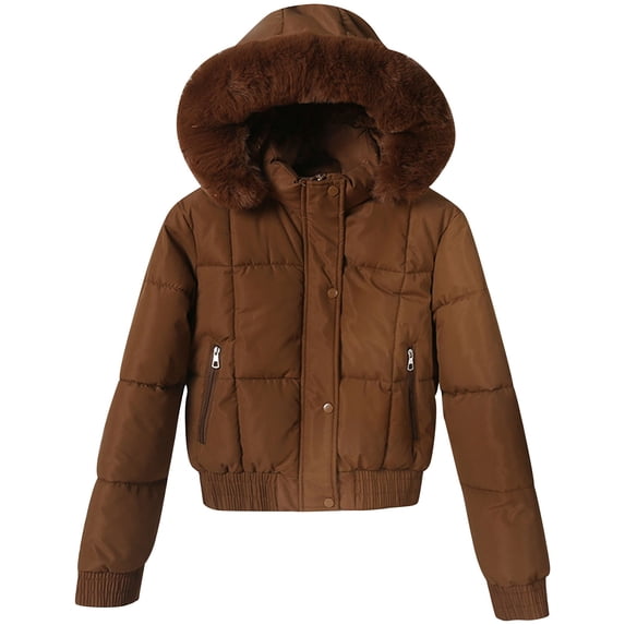 Luvrsol Women's Faux Fur Hooded Short Parka Puffer Jacket Full Zip Cropped Winter Coat Casual Warm Outerwear, Coffee M-2XL